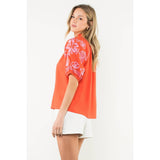 THML - Embroidered Puff Sleeve V-Neck Top