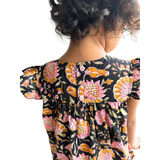 The Indian Bazaar - Girls Flutter Sleeve Midi Dress- Charcoal and Pink Magnolia