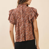 TCEC - CT9516-Floral Print Pintuck Detail Mock Neck Top