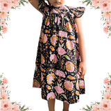 The Indian Bazaar - Girls Flutter Sleeve Midi Dress- Charcoal and Pink Magnolia