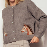 Urban Daizy - Western Horse Graphic Ribbed Trim Crew Neck Cardigan