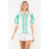 THML - Embroidered Smocked Neck Puff Top