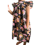 The Indian Bazaar - Girls Flutter Sleeve Midi Dress- Charcoal and Pink Magnolia