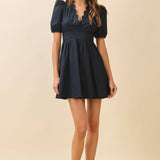 TCEC - CD05988-Scalloped V Neckline Self Tie Sash Mini Dress