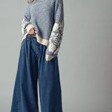 Urban Daizy - Floral Embroidered Striped Knit Sweater