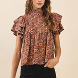 TCEC - CT9516-Floral Print Pintuck Detail Mock Neck Top