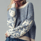Urban Daizy - Floral Embroidered Striped Knit Sweater