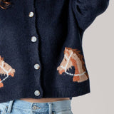 Urban Daizy - Western Horse Graphic Ribbed Trim Crew Neck Cardigan