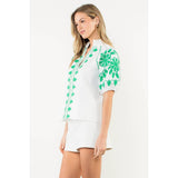 THML - Embroidered Smocked Neck Puff Top