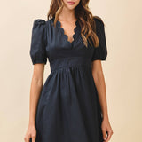 TCEC - CD05988-Scalloped V Neckline Self Tie Sash Mini Dress