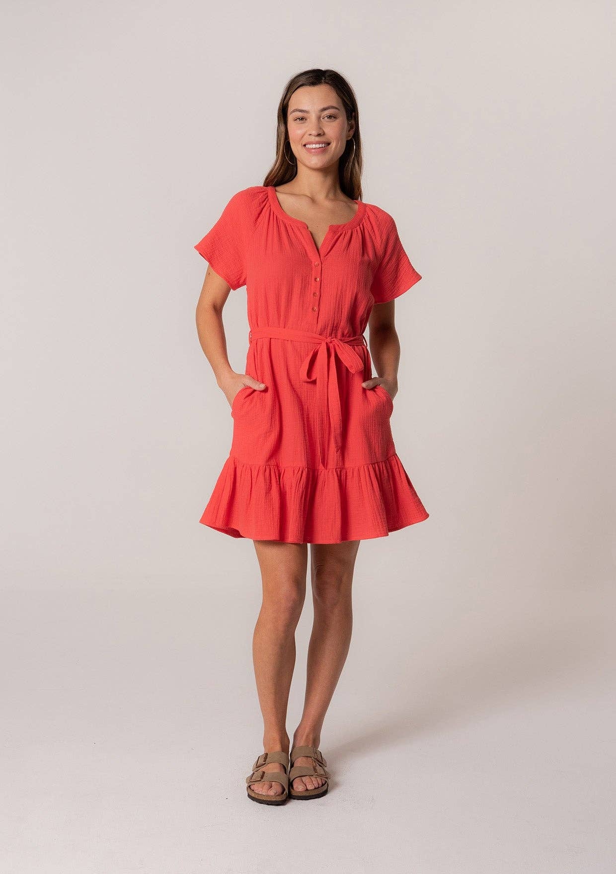Lovestitch - Classic Cotton Gauze Short Sleeve Red Mini Dress