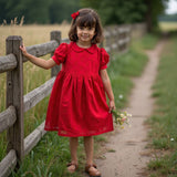 The Indian Bazaar - Girls Red Broderie Anglaise Collar and Puff Sleeve Dress
