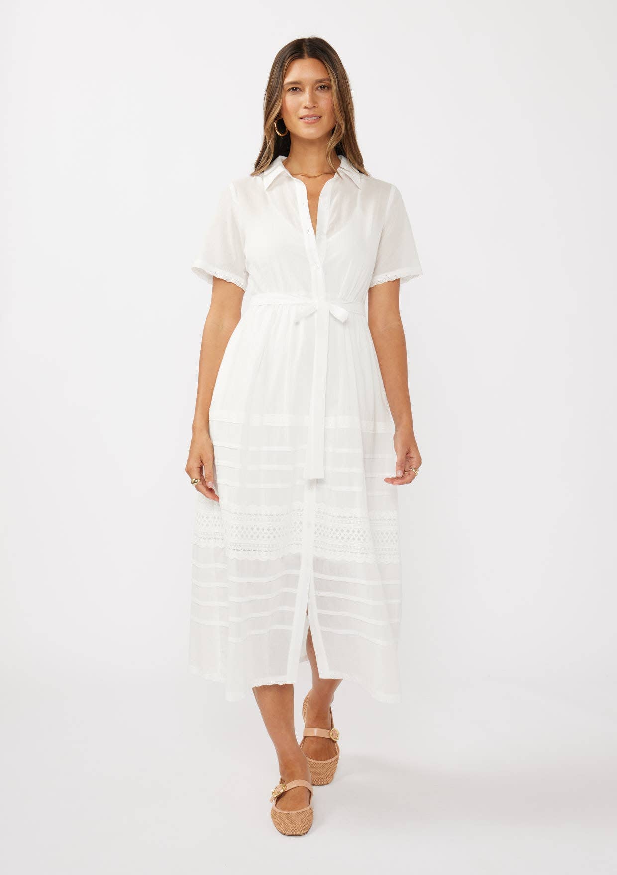 Lovestitch - Lace-Trimmed Button-Down Cotton Midi Shirt Dress