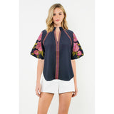 THML - Embroidered Puff Sleeve V-Neck Top