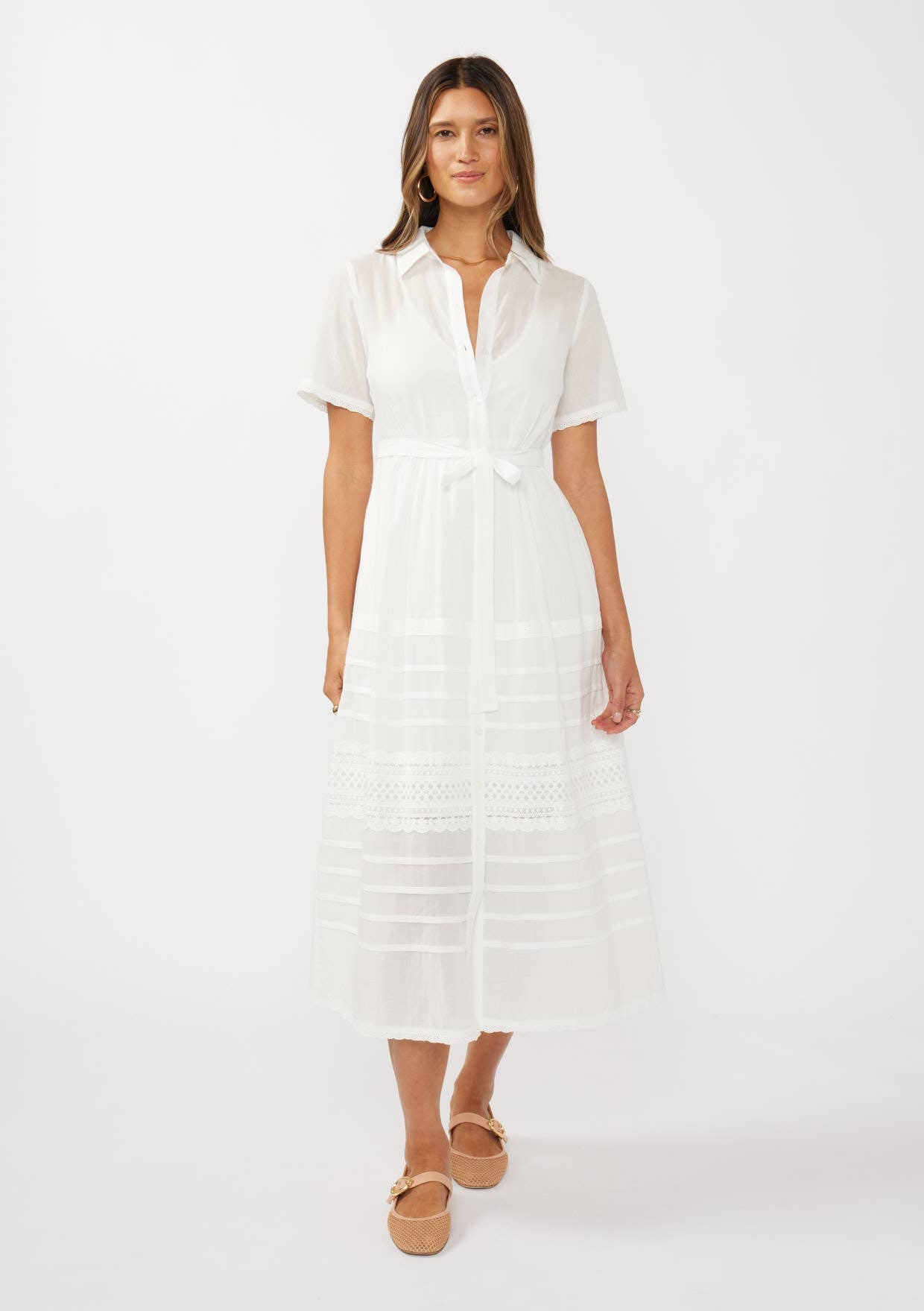 Lovestitch - Lace-Trimmed Button-Down Cotton Midi Shirt Dress