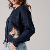 Urban Daizy - Western Horse Graphic Ribbed Trim Crew Neck Cardigan