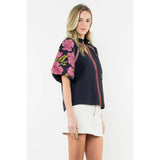 THML - Embroidered Puff Sleeve V-Neck Top