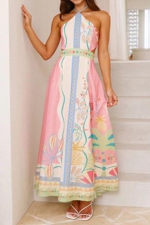 PRINT SLEEVELESS HALTER NECK DRESS