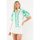THML - Embroidered Smocked Neck Puff Top