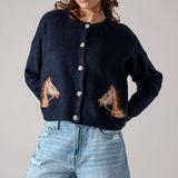 Urban Daizy - Western Horse Graphic Ribbed Trim Crew Neck Cardigan
