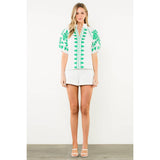 THML - Embroidered Smocked Neck Puff Top