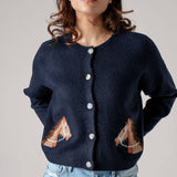 Urban Daizy - Western Horse Graphic Ribbed Trim Crew Neck Cardigan