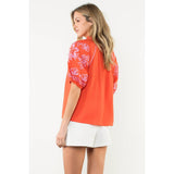 THML - Embroidered Puff Sleeve V-Neck Top