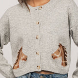 Urban Daizy - Western Horse Graphic Ribbed Trim Crew Neck Cardigan
