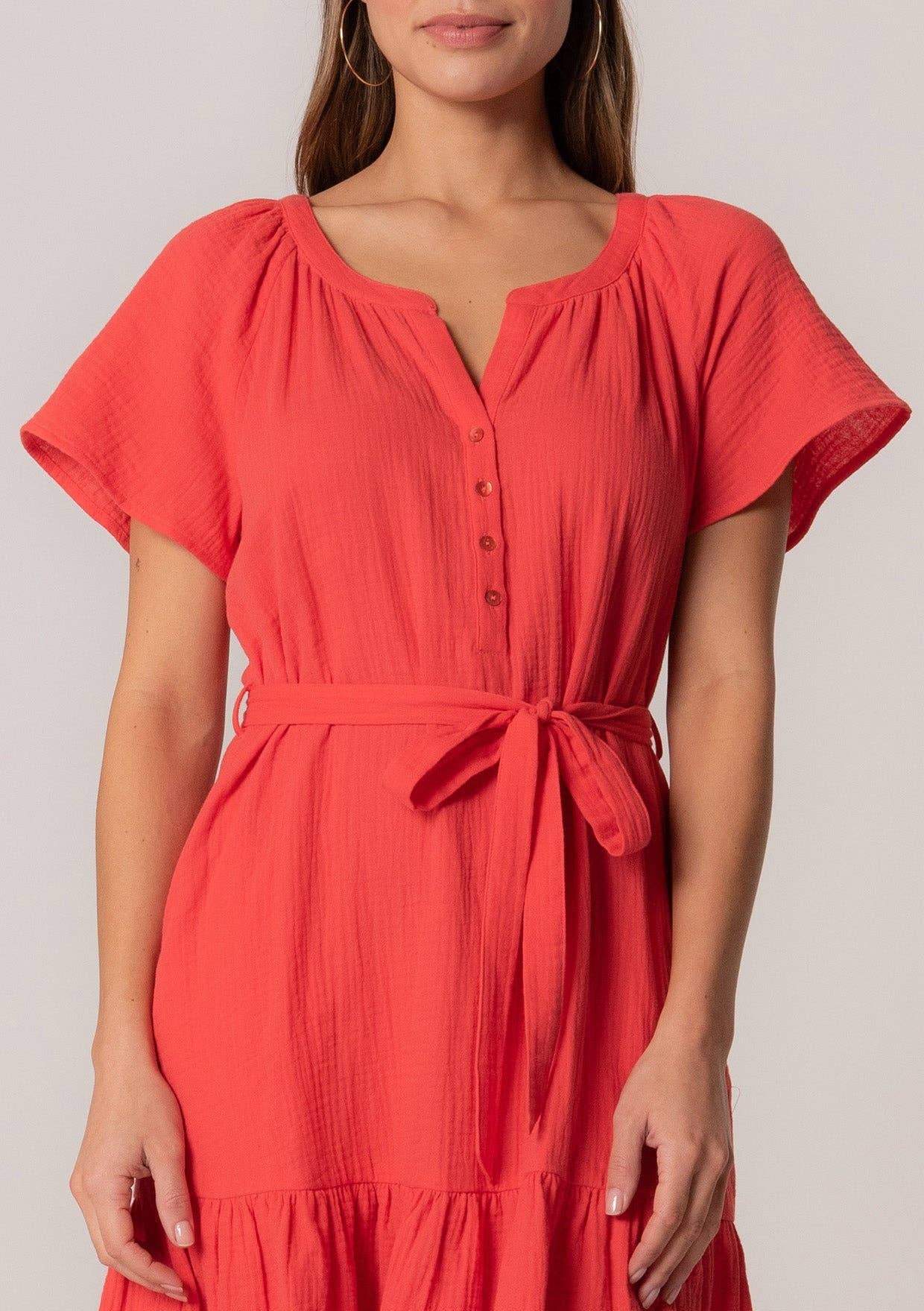 Lovestitch - Classic Cotton Gauze Short Sleeve Red Mini Dress