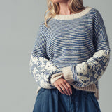 Urban Daizy - Floral Embroidered Striped Knit Sweater