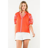 THML - Embroidered Puff Sleeve V-Neck Top