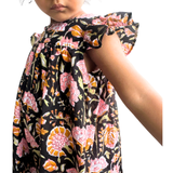The Indian Bazaar - Girls Flutter Sleeve Midi Dress- Charcoal and Pink Magnolia