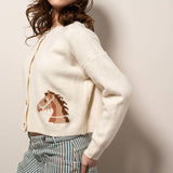 Urban Daizy - Western Horse Graphic Ribbed Trim Crew Neck Cardigan