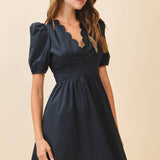 TCEC - CD05988-Scalloped V Neckline Self Tie Sash Mini Dress