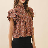 TCEC - CT9516-Floral Print Pintuck Detail Mock Neck Top
