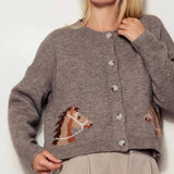 Urban Daizy - Western Horse Graphic Ribbed Trim Crew Neck Cardigan