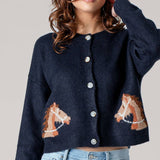 Urban Daizy - Western Horse Graphic Ribbed Trim Crew Neck Cardigan