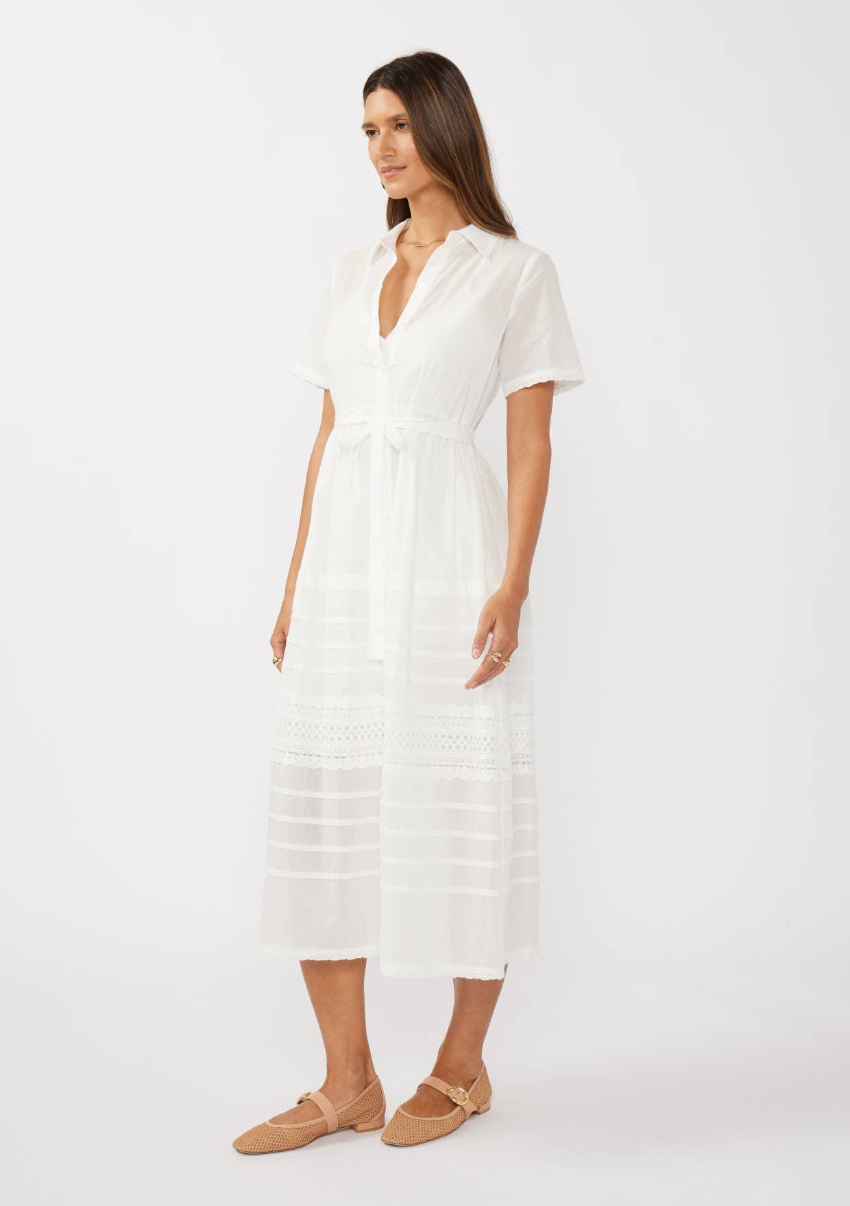 Lovestitch - Lace-Trimmed Button-Down Cotton Midi Shirt Dress