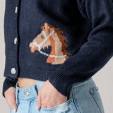Urban Daizy - Western Horse Graphic Ribbed Trim Crew Neck Cardigan