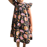 The Indian Bazaar - Girls Flutter Sleeve Midi Dress- Charcoal and Pink Magnolia