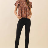 TCEC - CT9516-Floral Print Pintuck Detail Mock Neck Top