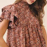 TCEC - CT9516-Floral Print Pintuck Detail Mock Neck Top