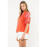 THML - Embroidered Puff Sleeve V-Neck Top