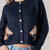 Urban Daizy - Western Horse Graphic Ribbed Trim Crew Neck Cardigan