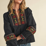 &MERCI - FLORAL CROSS STITCH EMBROIDERED PUFF SLEEVE TOP MTP4089