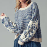 Urban Daizy - Floral Embroidered Striped Knit Sweater