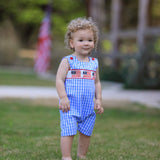 Rylee Faith Designs - 4th of july Flag Embroidery Smocking Boys Romper