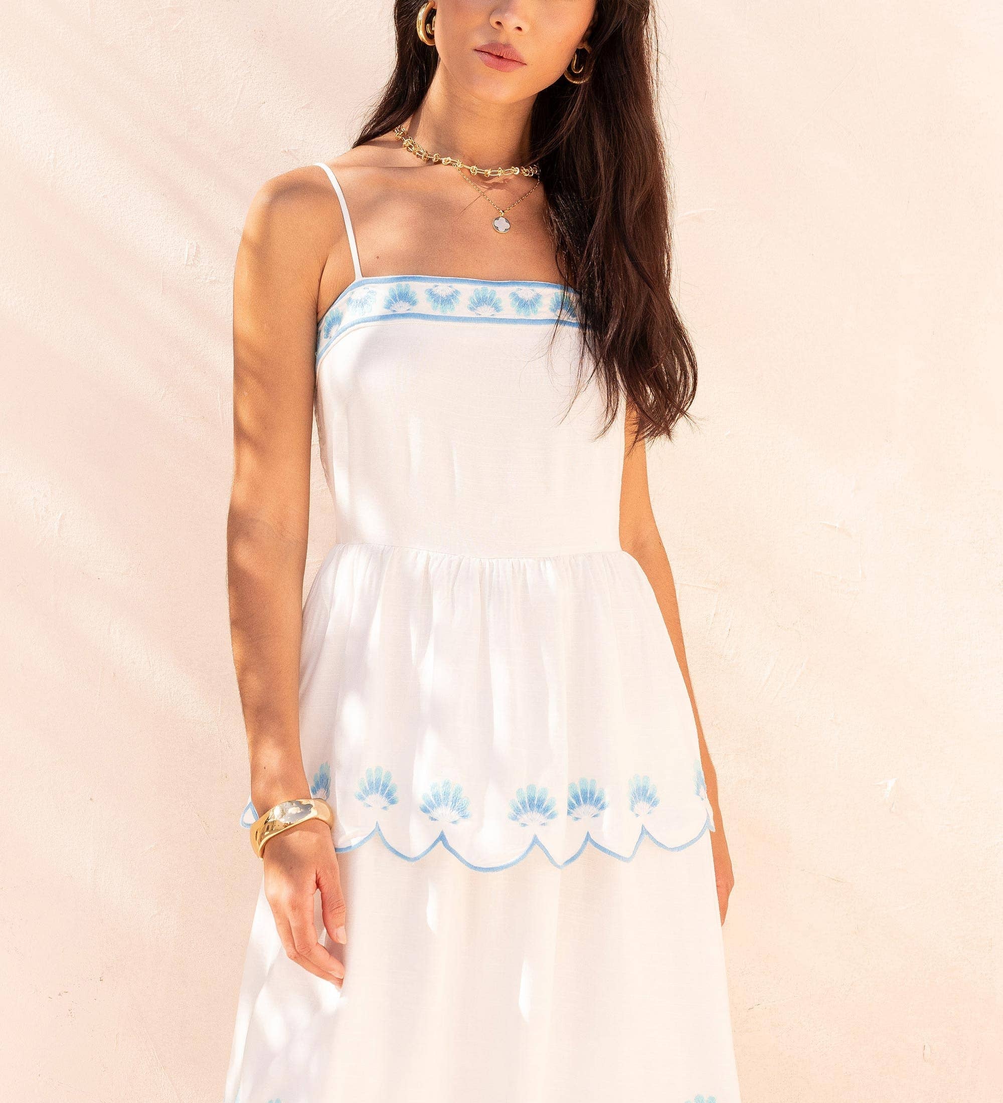 Strut & Bolt - Seashell Embroidery Scallop Layered Midi Dress