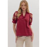STYLE USA - Solid ruffle accent V-neck top