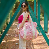 Anju Jewelry - Handcrafted Canvas Bag with Block-Printed Pink Paradise